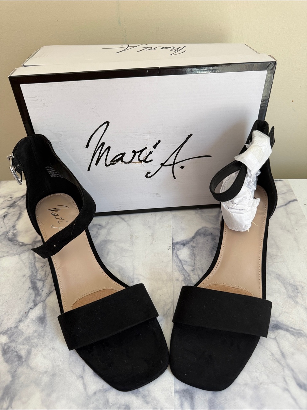 Mari A. Black Suede Ankle-Strap Block Heel Sandals